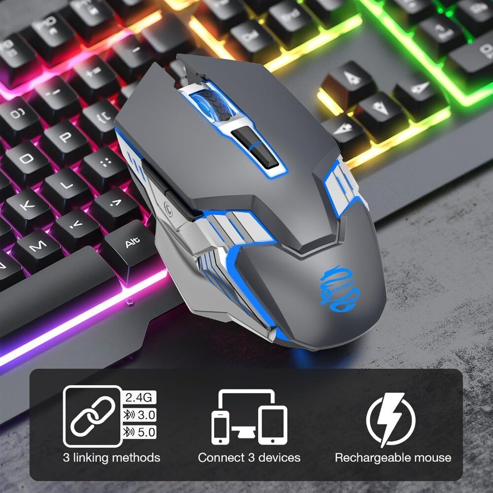 Bluetooth Mouse, Wireless Gaming Mouse with 800mAh Rechargeable Battery, 3 Modes